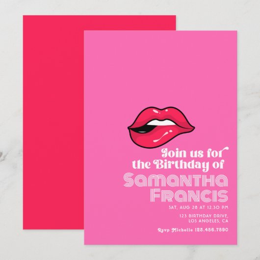Invitation anniversaire rétro art pop rose vif  (Devant / Derrière)