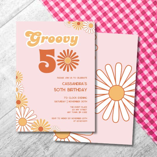 Invitation Anniversaire Rétro Daisy Boho Orange Rose 50 ans
