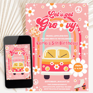 Invitation Anniversaire Rétro Hippie Arc-en-ciel 5 ans Let's