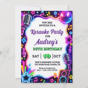 Invitation Anniversaire Rétro Karaoke Néon Coloré
