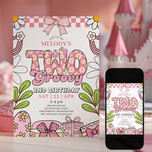 Invitation anniversaire rétro rose pour les 2 ans 