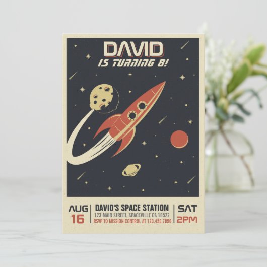 Invitation Anniversaire Retro Space (Debout devant)