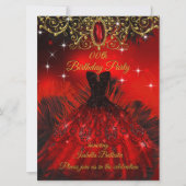 Invitation Anniversaire Robe rouge Plumes noires Or (Devant)