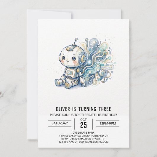 Invitation Anniversaire Robot Bleu Argent (Devant)