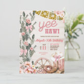Invitation Anniversaire Rodéo Rose Cactus Bois Rustique (Debout devant)