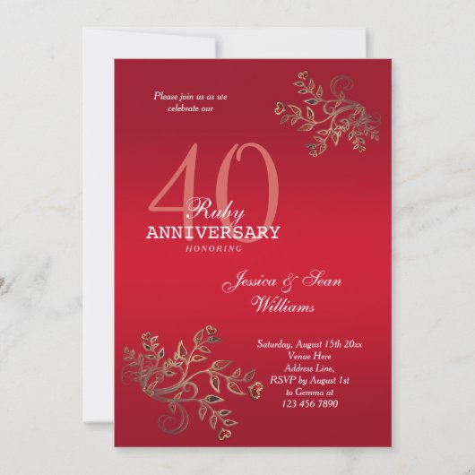 Invitation Anniversaire romantique du 40e Mariage de Ruby (Devant)