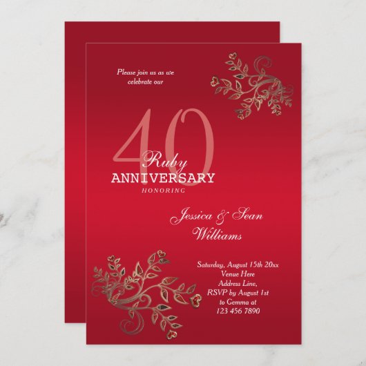 Invitation Anniversaire romantique du 40e Mariage de Ruby (Devant / Derrière)