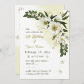 Invitation anniversaire romantique fleurs blanches et or (Devant / Derrière)