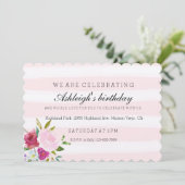 Invitation Anniversaire romantique rose rayures d'aquarelle f (Debout devant)