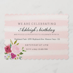 Invitation Anniversaire romantique rose rayures d'aquarelle f