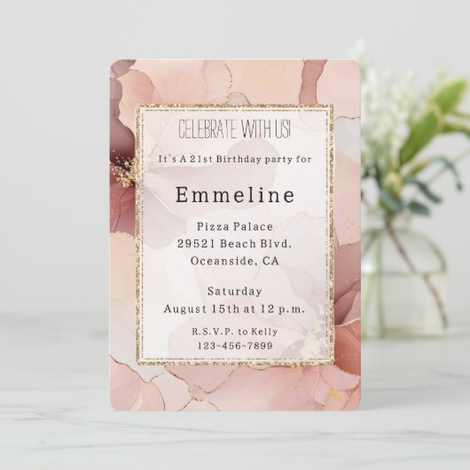 Invitation Anniversaire romantique rose rose or floral (Debout devant)
