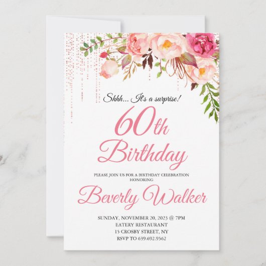 Invitation Anniversaire rose 60e Surprise Floral (Devant)