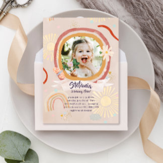Invitation Anniversaire rose arc-en-ciel mignon
