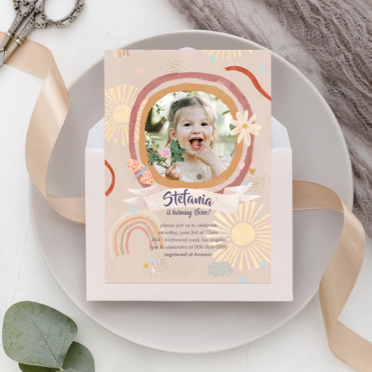 Invitation Anniversaire rose arc-en-ciel mignon