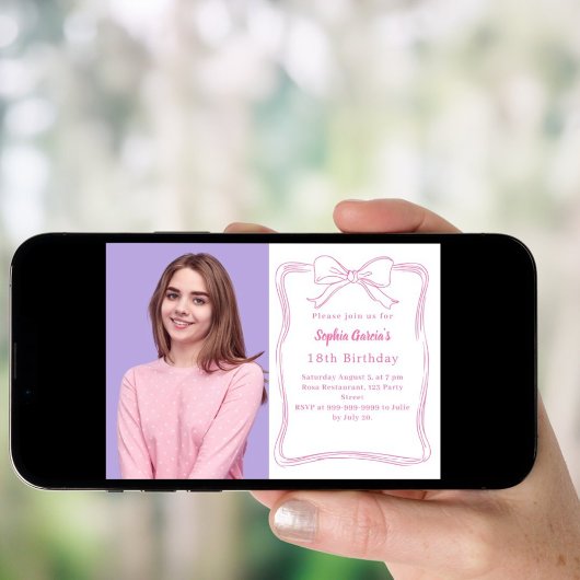 Invitation Anniversaire rose blanc dessiné main