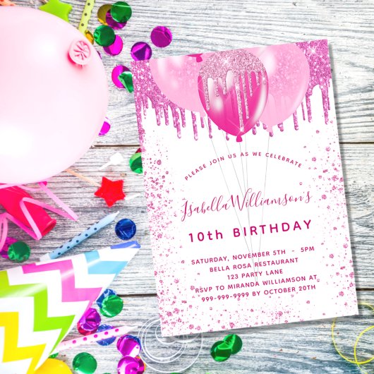 Invitation Anniversaire rose blanc parties scintillant fille 
