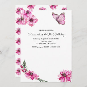 Invitation Anniversaire rose de fleurs et de papillon