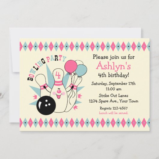 Invitation Anniversaire rose de Pin de bowling (Devant)