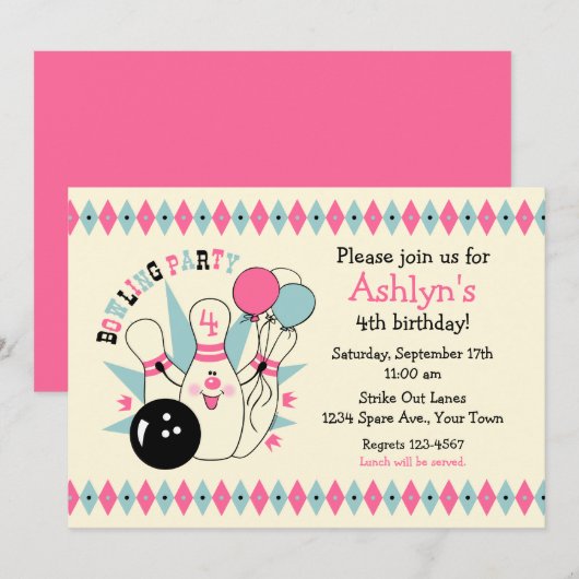 Invitation Anniversaire rose de Pin de bowling (Devant / Derrière)