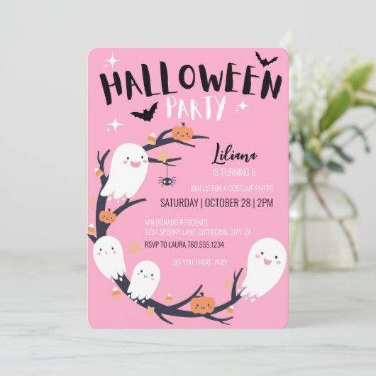 Invitation Anniversaire rose d'Halloween (Debout devant)