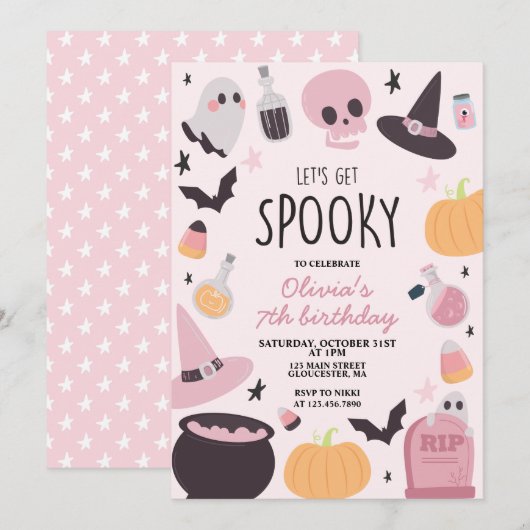 Invitation Anniversaire rose d'Halloween effrayant (Devant / Derrière)