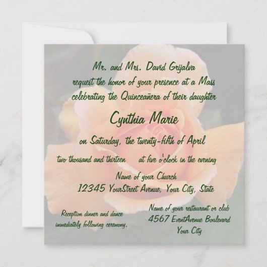 Invitation Anniversaire rose d'orange de Quinceanera (Devant)