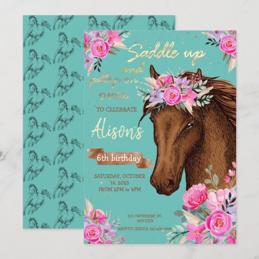 Invitation Anniversaire rose du cheval (Devant / Derrière)