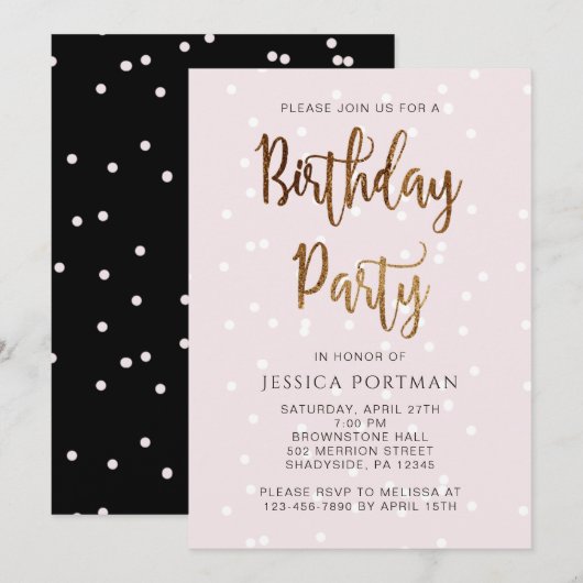 Invitation Anniversaire rose et noir avec Joli Confetti (Devant / Derrière)