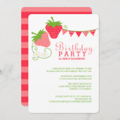 Invitation Anniversaire rose et vert des fraises (Devant / Derrière)