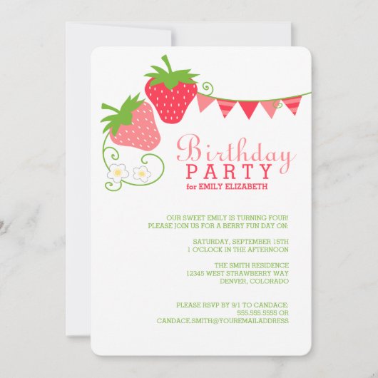 Invitation Anniversaire rose et vert des fraises (Devant)