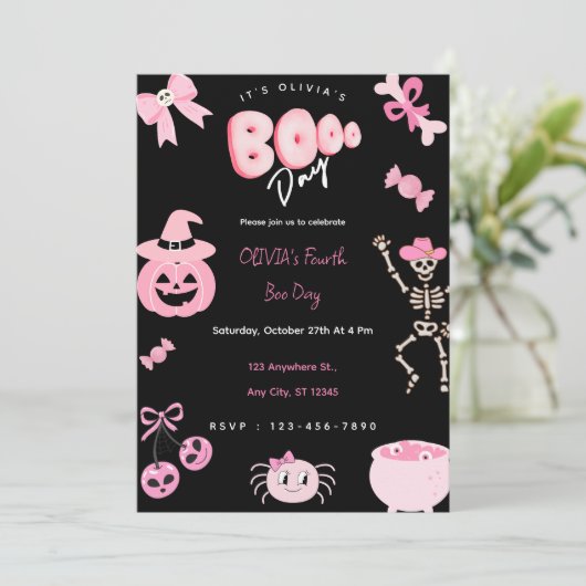 Invitation Anniversaire rose Fille mignonne Boo Day (Debout devant)