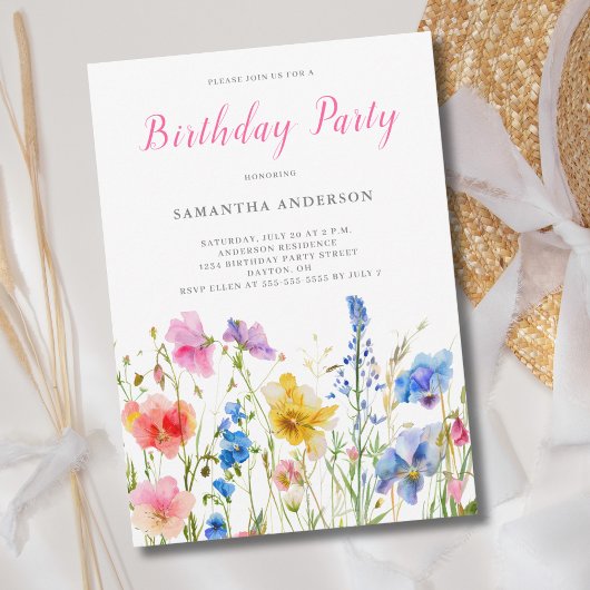 Invitation Anniversaire rose Fleur sauvage