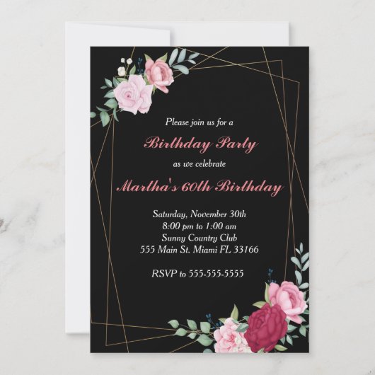 Invitation anniversaire rose floral noir or (Devant)