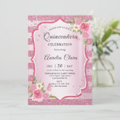 Invitation Anniversaire rose Floral Quinceañera (Debout devant)