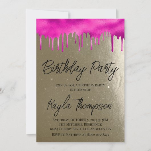 Invitation anniversaire rose or (Devant)