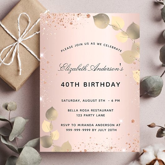 Invitation Anniversaire rose or blush eucalyptus luxe