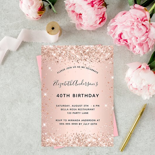 Invitation Anniversaire rose or blush parties scintillant gla