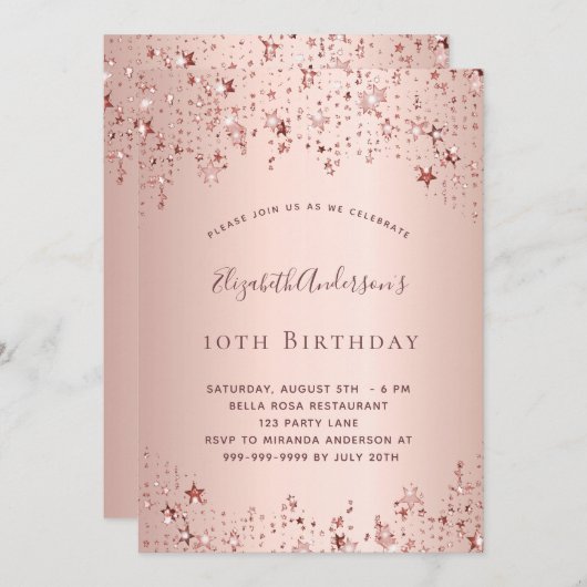 Invitation Anniversaire rose or étoiles princier girly (Devant / Derrière)