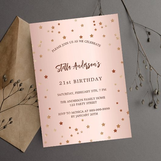 Invitation Anniversaire rose or étoiles simple luxe