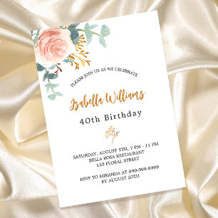 Invitation Anniversaire rose or fleuri eucalyptus verdure