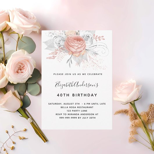 Invitation Anniversaire rose or floraux élégant blanc