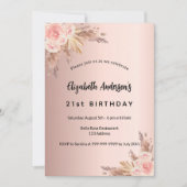 Invitation Anniversaire rose or pampas herbe fleurie boho (Devant)