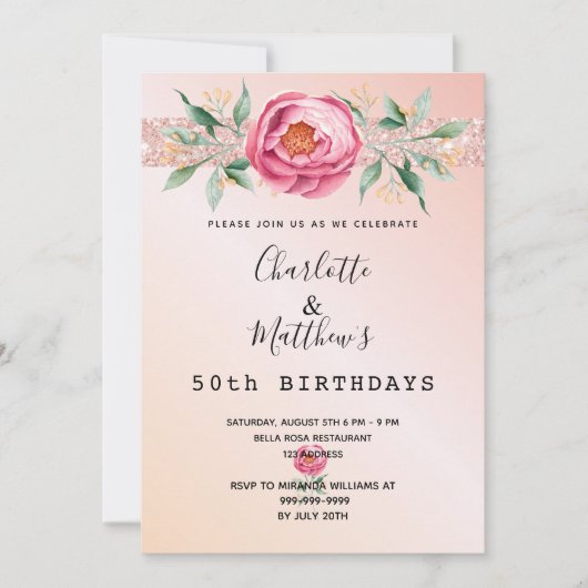 Invitation Anniversaire rose or parties scintillant deux pers (Devant)
