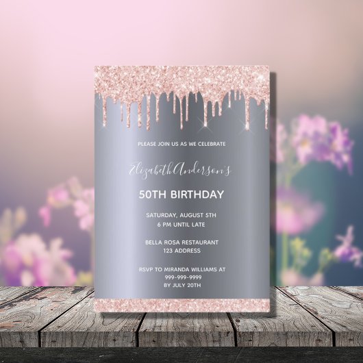 Invitation Anniversaire rose or parties scintillant gouttes a