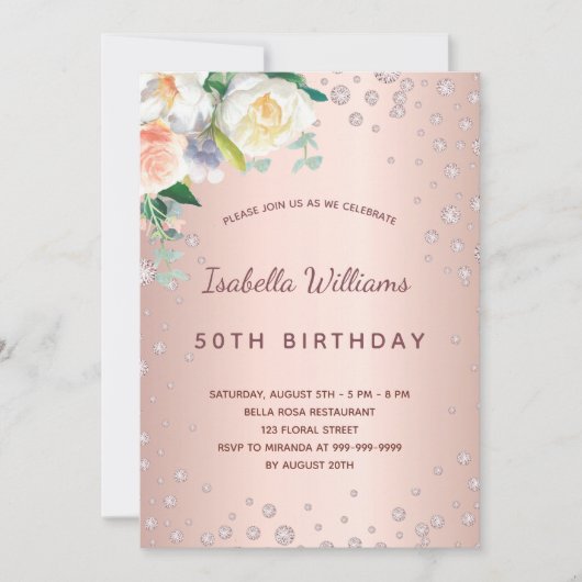 Invitation Anniversaire rose or rose diamants florales (Devant)
