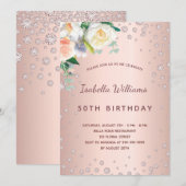 Invitation Anniversaire rose or rose diamants florales (Devant / Derrière)