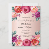Invitation Anniversaire rose or rose rose violet fleuri (Devant)