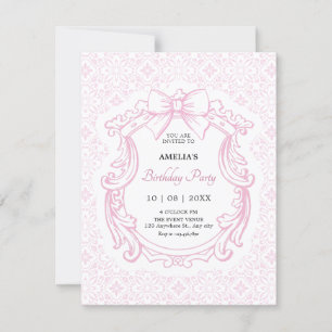 Invitation Anniversaire rose pastel vintage orné arc