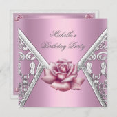 Invitation Anniversaire Rose rose Damask Argent Image (Devant / Derrière)