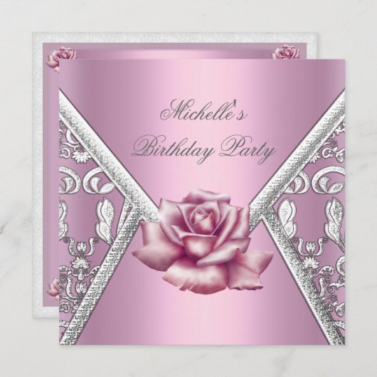 Invitation Anniversaire Rose rose Damask Argent Image (Devant / Derrière)